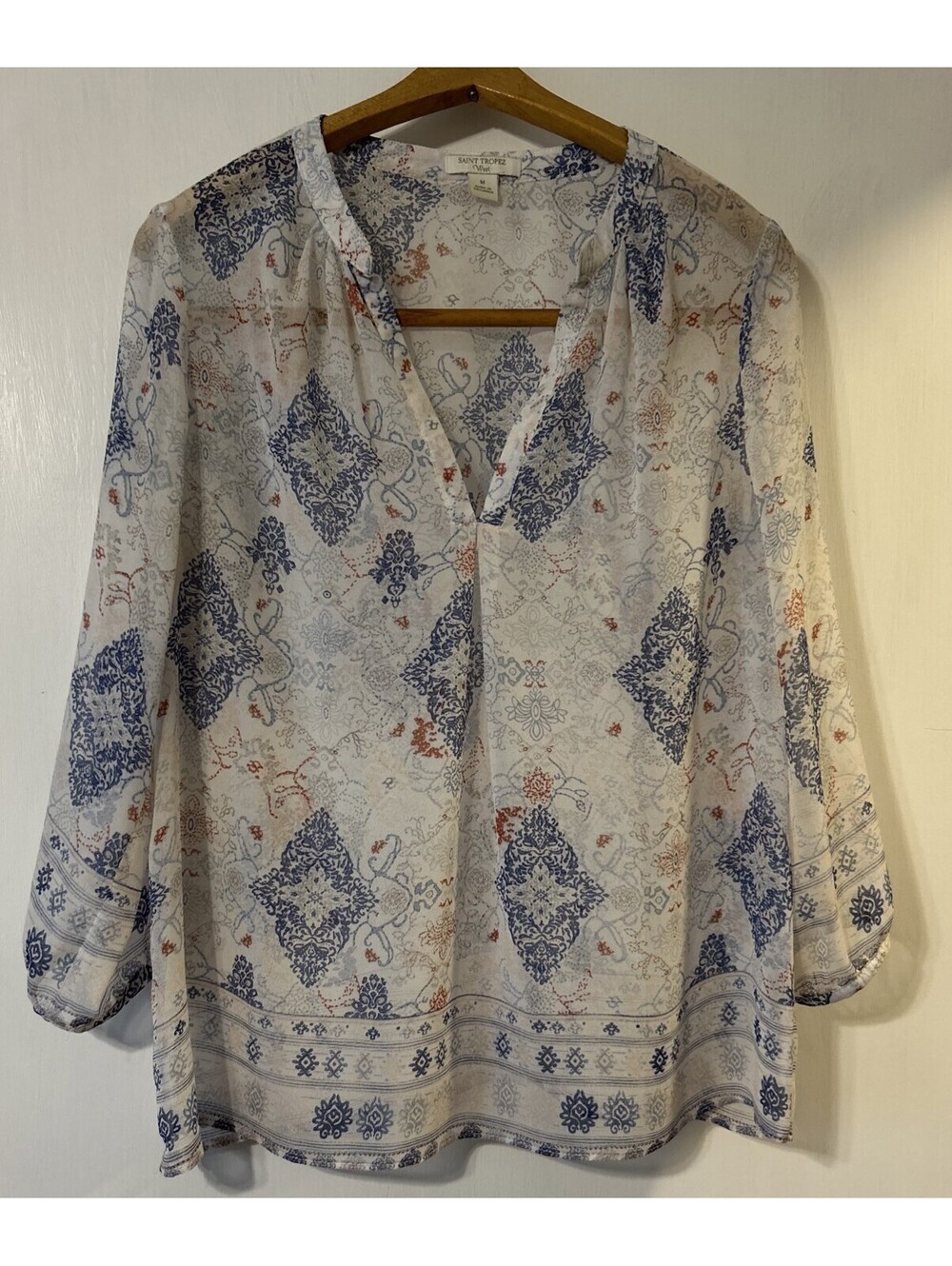 Saint Tropez West Women Blue Orange Paisley Medallion Sheer Boho Blouse Med